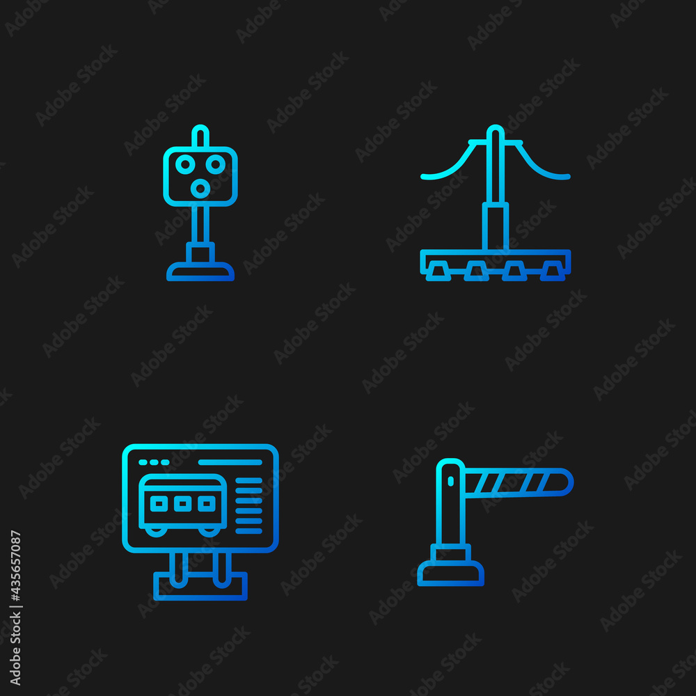 Set line Railway barrier, Ticket office to buy tickets, Train traffic light and . Gradient color icons. Vector Set line Railway barrier, Ticket office to buy tickets, Train traffic light and . Gradient color icons. Vector