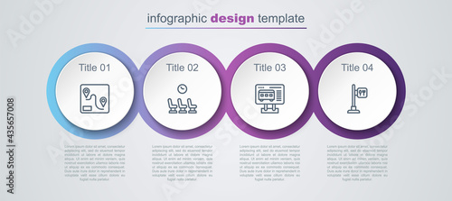 Set line Route location, Waiting room, Ticket office to buy tickets and Cafe and restaurant. Business infographic template. Vector