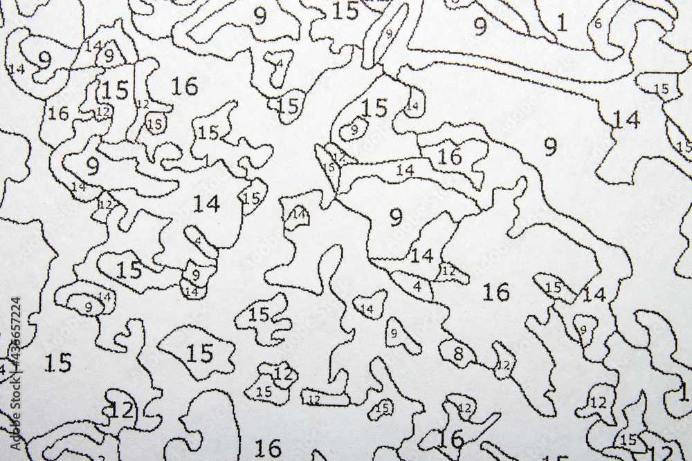Picture by numbers on canvas top view.Picture template for coloring by numbers background. Picture by numbers on canvas top view.Picture template for coloring by numbers background.