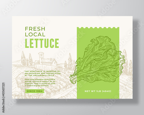 Vegetables Food Label Template. Abstract Vector Packaging Design Layout. Modern Typography Banner with Hand Drawn Lettuce Salad Leaves and Rural Landscape Background. Isolated