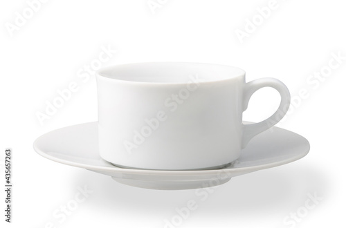 White ceramic cup or mug and saucer for a coffee drink or tea isolated on white background with clipping path, Suitable for creative graphic design