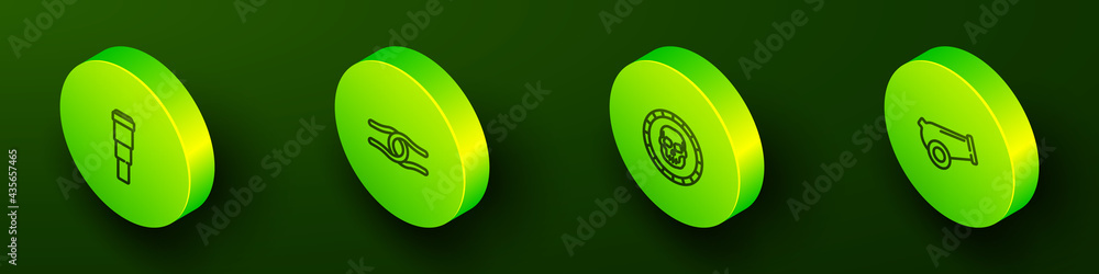 Set Isometric line Spyglass telescope lens, Rope tied in knot, Pirate coin and Cannon icon. Vector Set Isometric line Spyglass telescope lens, Rope tied in knot, Pirate coin and Cannon icon. Vector