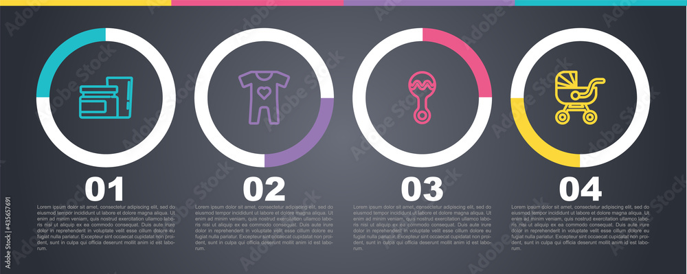 Set line Baby food, clothes, Rattle baby toy and stroller. Business infographic template. Vector Set line Baby food, clothes, Rattle baby toy and stroller. Business infographic template. Vector