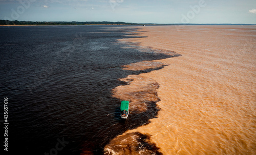 aerial image of the meeting of the Rio Negro and Solimões waters in the Amazon Manaus Brazil