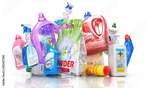 Fotografi Different detergent bottles on a white background