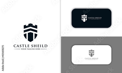 shield and castle logo, flat line modern cut icon isolated on background. blank for business card. For your business. Vector sign.