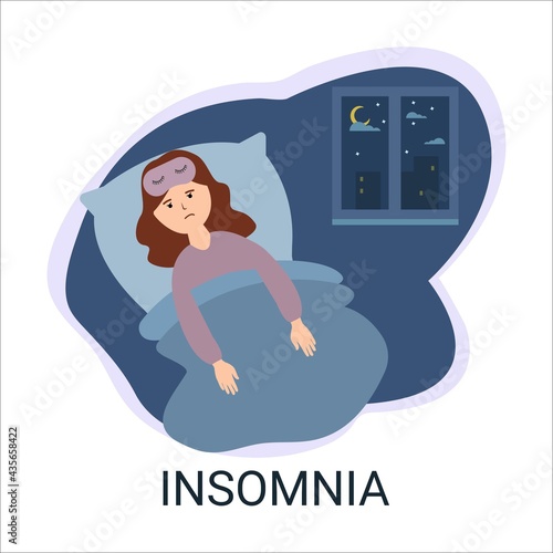 Girl suffers from insomnia lying in bed on bedroom background at night. Woman insomnia.Flat cartoon style vector illustration.