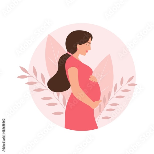 Happy pregnant woman holds her belly. Pregnancy concept. Vector illustration.