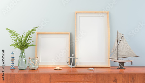 3d rendering of a sideboard with two blank mock-up posters © marog-pixcells