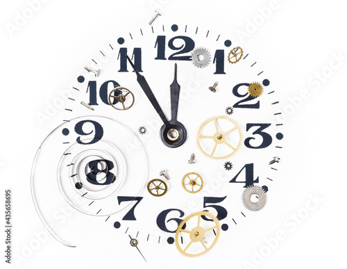 Clock spring, gears and clock dial. Isolated on a white background.