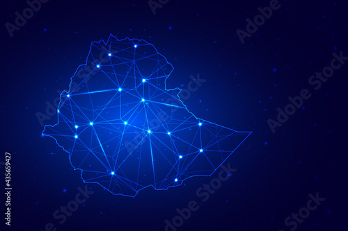 Abstract Map of Ethiopia from polygonal blue lines and glowing stars on dark blue background. Vector illustration eps10