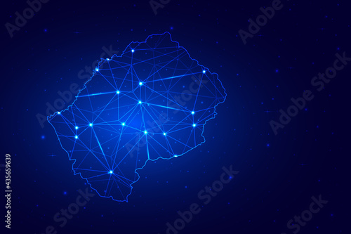 Abstract Map of Lesotho from polygonal blue lines and glowing stars on dark blue background. Vector illustration eps10 © WH Graphic Design