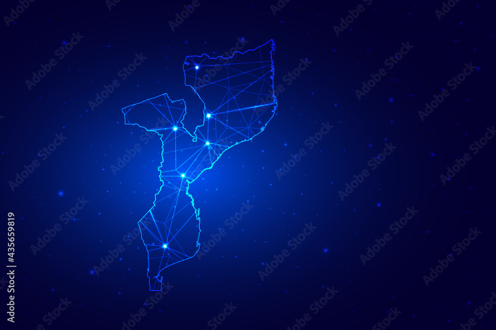 Abstract Map of Mozambique from polygonal blue lines and glowing stars on dark blue background. Vector illustration eps10