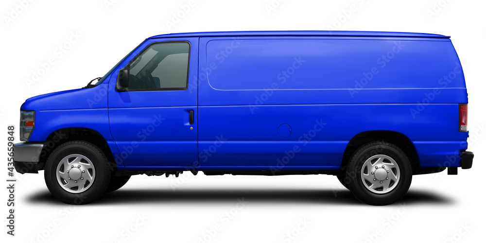 Modern American cargo minibus blue color side view. Isolated on a white background.