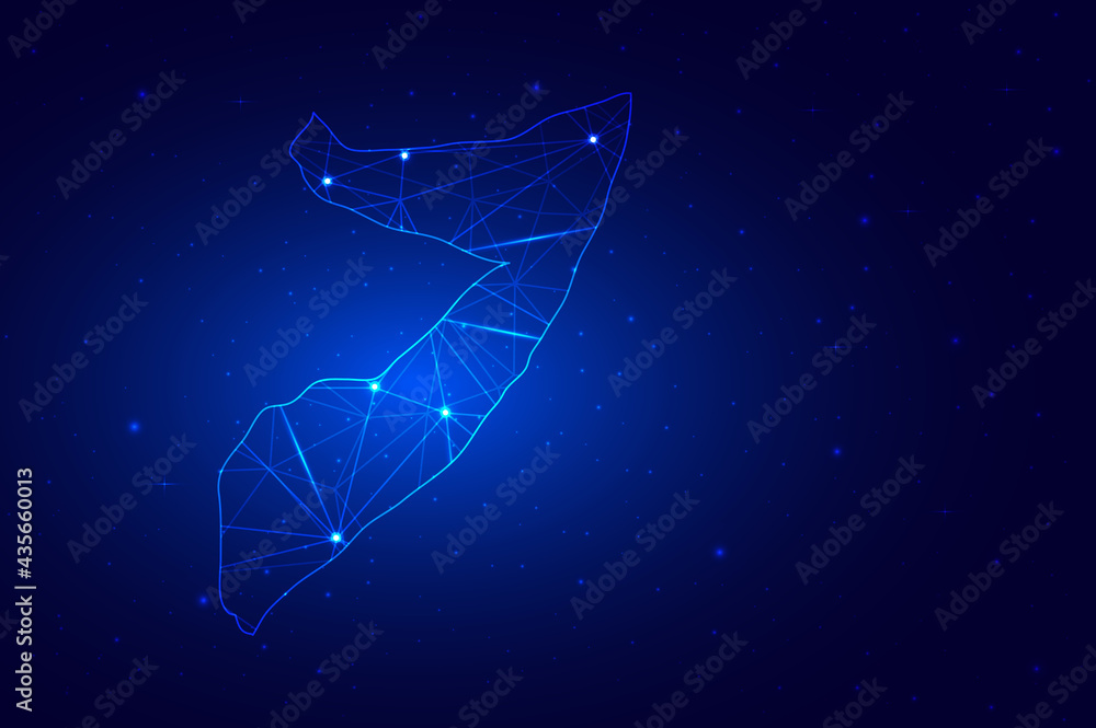 Abstract Map of Somalia from polygonal blue lines and glowing stars on dark blue background. Vector illustration eps10 Abstract Map of Somalia from polygonal blue lines and glowing stars on dark blue background. Vector illustration eps10