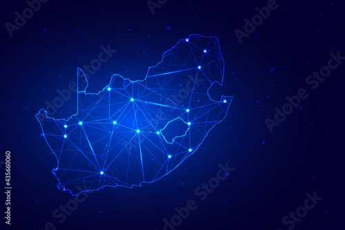 Abstract Map of South Africa from polygonal blue lines and glowing stars on dark blue background. Vector illustration eps10