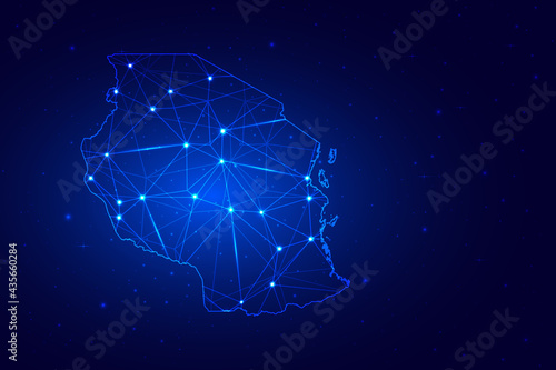 Abstract Map of Tanzania from polygonal blue lines and glowing stars on dark blue background. Vector illustration eps10 © WH Graphic Design
