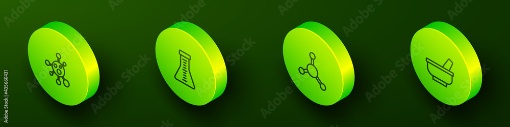 Set Isometric line Molecule, Test tube and flask, and Mortar pestle icon. Vector Set Isometric line Molecule, Test tube and flask, and Mortar pestle icon. Vector