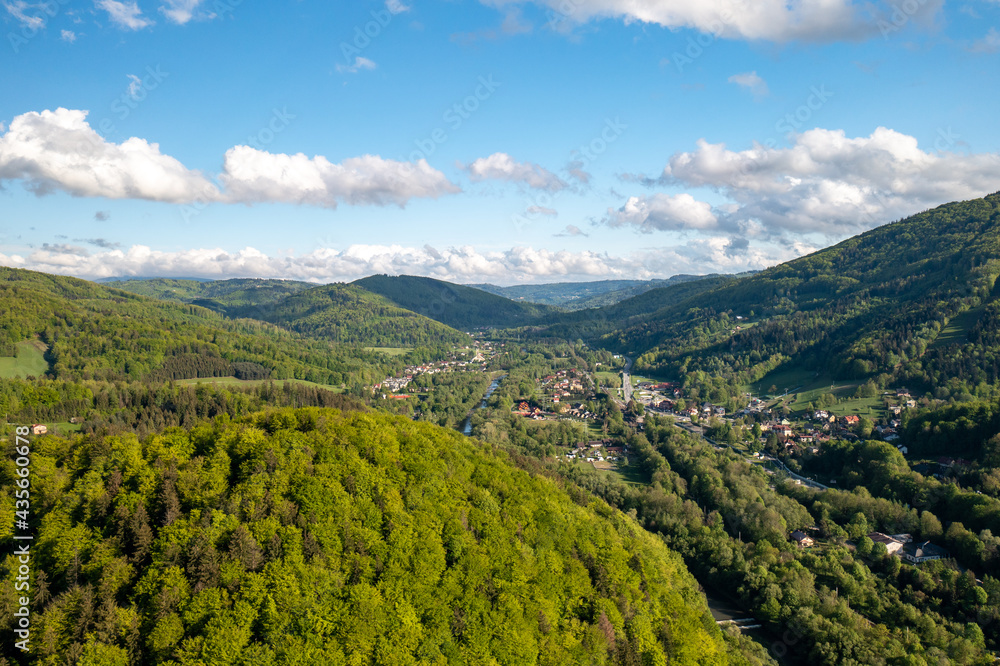 Ustron, Poland. View of Beskid Slaski mountain range, part of Carpathian mountains.Silesian Beskids.