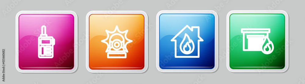 Set line Walkie talkie, Flasher siren, Fire in burning house and garage. Colorful square button. Vector Set line Walkie talkie, Flasher siren, Fire in burning house and garage. Colorful square button. Vector