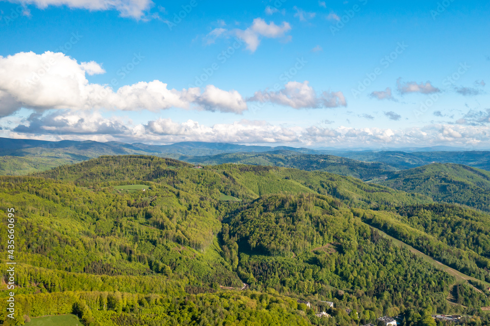 Naklejka premium Ustron, Poland. View of Beskid Slaski mountain range, part of Carpathian mountains.Silesian Beskids.