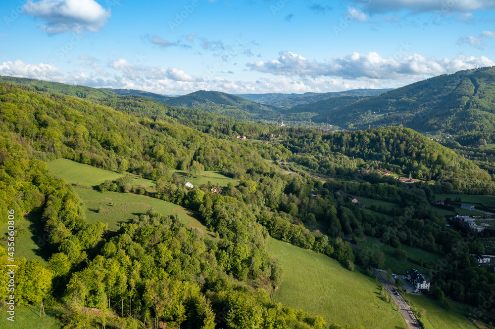 Ustron, Poland. View of Beskid Slaski mountain range, part of Carpathian mountains.Silesian Beskids. Ustron, Poland. View of Beskid Slaski mountain range, part of Carpathian mountains.Silesian Beskids.