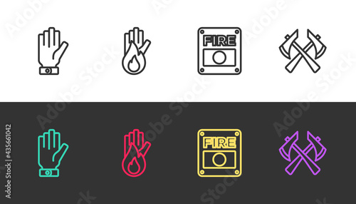 Set line Firefighter gloves, No fire, alarm system and axe on black and white. Vector
