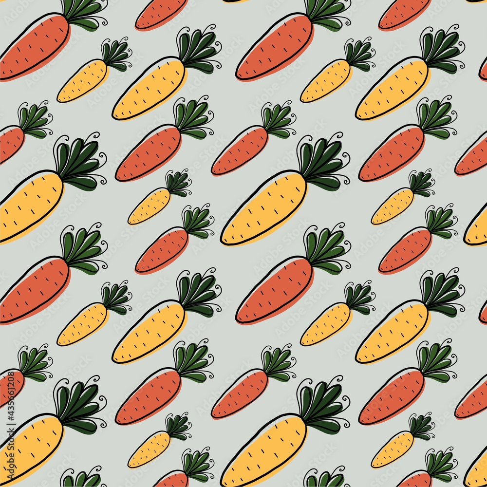 A seamless drawing of carrots on a gray background. Hand-drawn illustration with curved lines in doodle style. Design for fabric, clothing, paper, and other objects. A seamless drawing of carrots on a gray background. Hand-drawn illustration with curved lines in doodle style. Design for fabric, clothing, paper, and other objects.