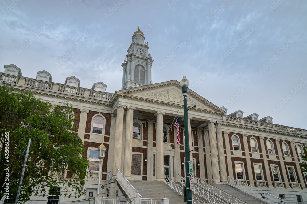 Schenectady, NY - USA - May 22, 2021: a landscape view of the Schenectady City Hall, an example of Federal-style architecture.