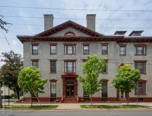 Schenectady, NY - USA - May 22, 2021: a landscape view of the historic Stockade Inn, located in the Stockade Historic District