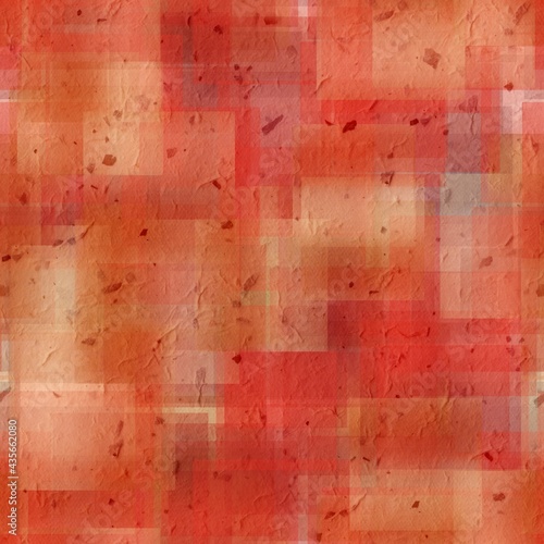 Seamless overlaid geometric shape pattern print. High quality illustration. Transparent rectangles filled with gradient colors scattered. Handmade paper texture overlay.