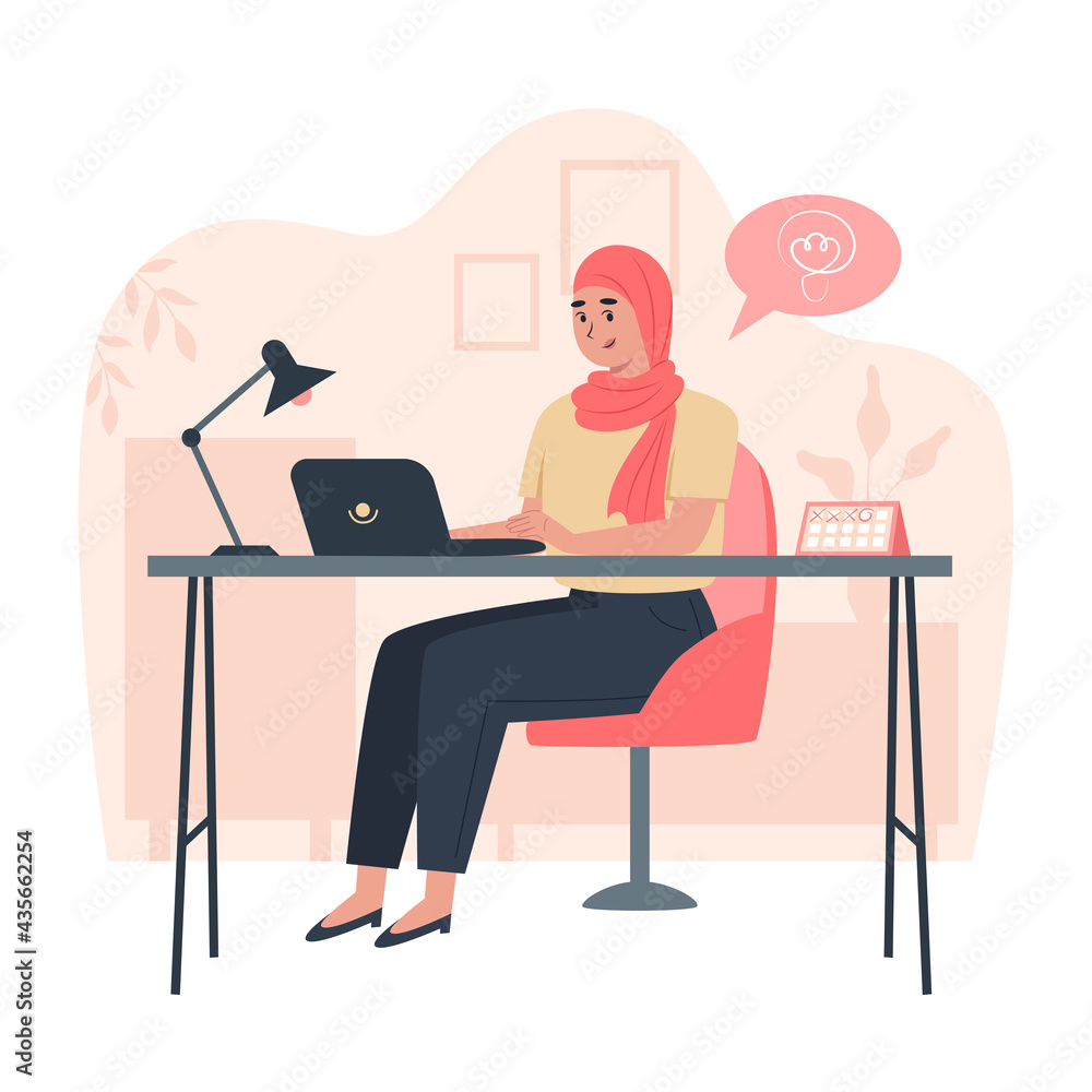 Happy female worker sitting at table in office, productivity during the day Happy female worker sitting at table in office, productivity during the day