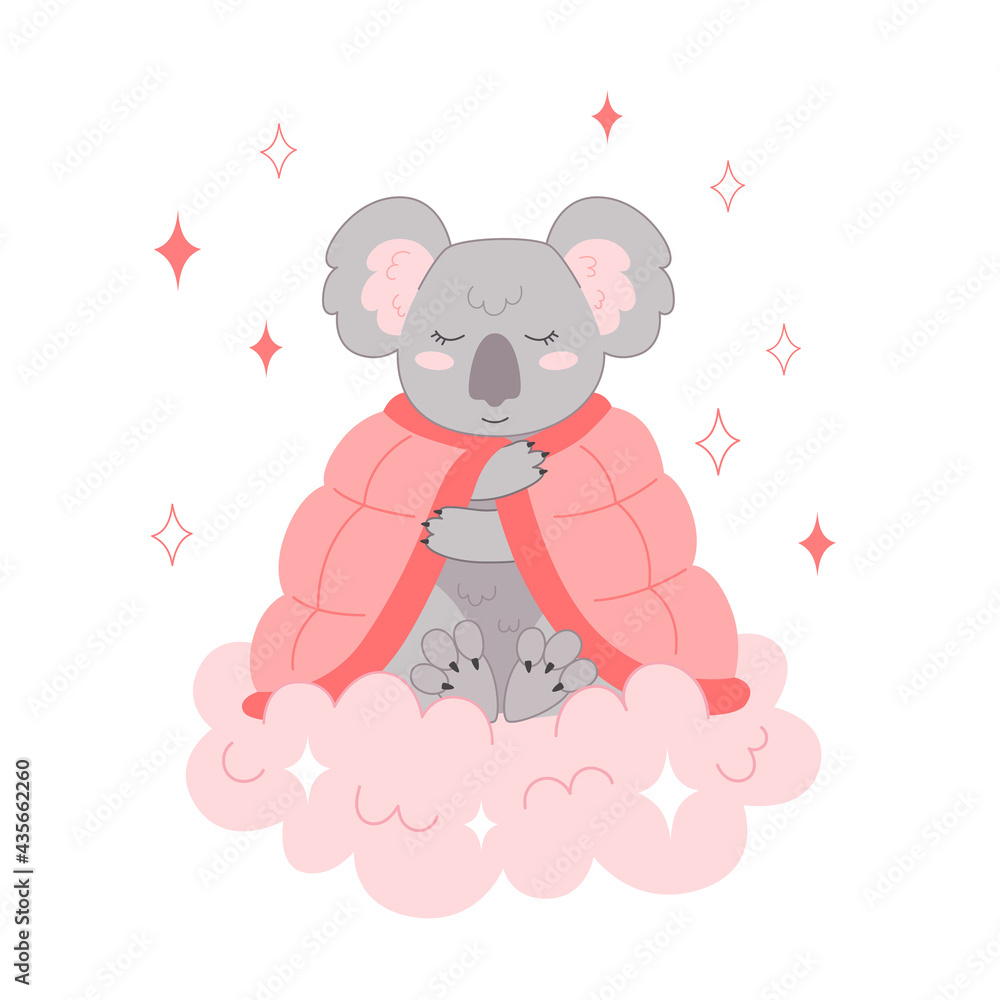 Koala covered herself with a blanket and sleeps on a cloud. Baby animal illustration for nursery Koala covered herself with a blanket and sleeps on a cloud. Baby animal illustration for nursery