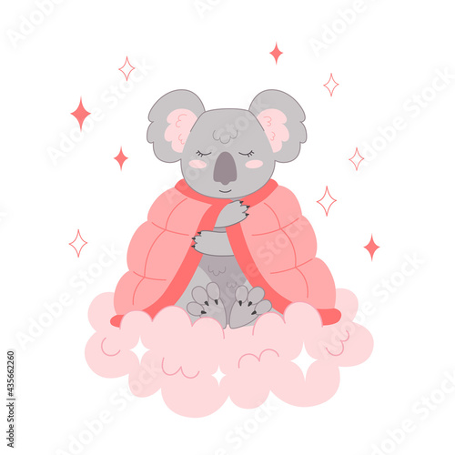 Koala covered herself with a blanket and sleeps on a cloud. Baby animal illustration for nursery