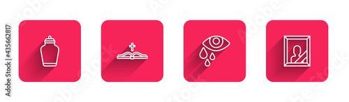 Set line Funeral urn, Holy bible book, Tear cry eye and Mourning photo frame with long shadow. Red square button. Vector