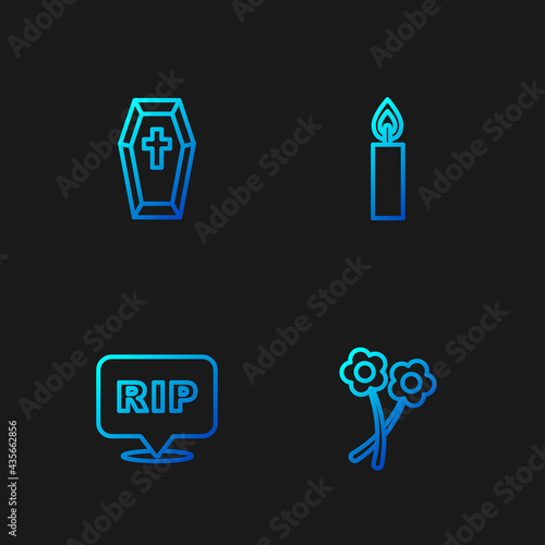Set line Flower, Speech bubble rip death, Coffin with cross and Burning candle. Gradient color icons. Vector