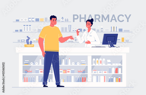Cartoon Characters Pharmacist and Customer Standing at the Counter with Medicines. Medical Healthcare Concept. Color Vector Illustration.