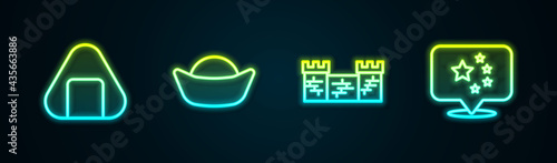 Set line Sushi, , Great wall of China and flag. Glowing neon icon. Vector