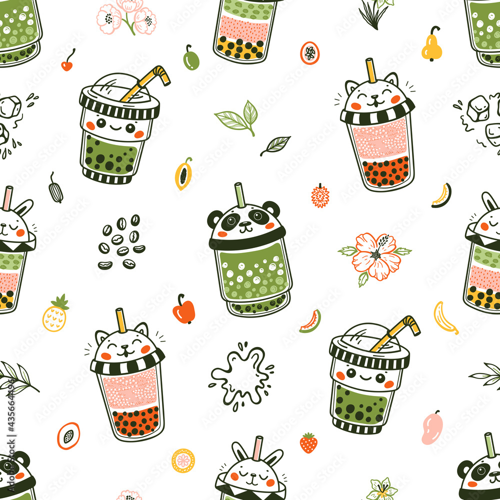 Vector Cute Bubble Tea Seamless Pattern for Kids. Plastic Takeaway Cups