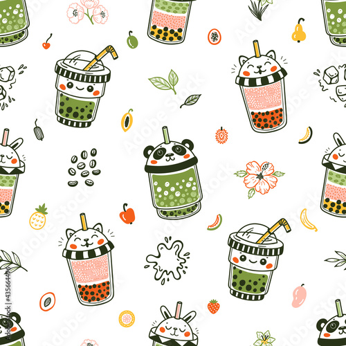 Vector Cute Bubble Tea Seamless Pattern for Kids. Plastic Takeaway Cups with Animals: Panda, Cat, Rabbit, Kawaii Face. Summer Pearl Milk Beverage and Fruits, Flowers. Boba tea Drinks with Tapioca. 