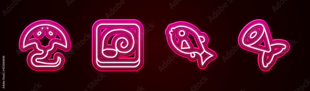 Set line Stingray, Octopus on plate, Tropical fish and Fish tail. Glowing neon icon. Vector