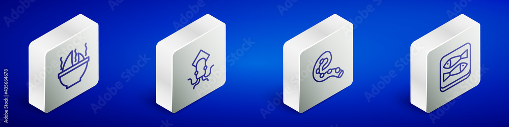 Set Isometric line Shark fin soup, Octopus, of tentacle and Canned fish icon. Vector Set Isometric line Shark fin soup, Octopus, of tentacle and Canned fish icon. Vector