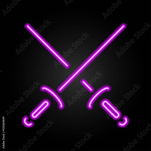 Swords neon sign, modern glowing banner design, colorful trend of modern design on black background. Vector illustration.