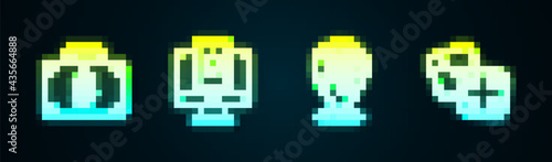 Set line Briefcase and money, Online poker table game, Casino slot machine with clover and Game dice. Glowing neon icon. Vector