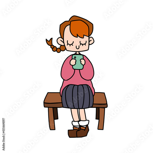 Fotografie A cute pigtail girl using smartphone with black outline flat cartoon vector illustration isolated on white background