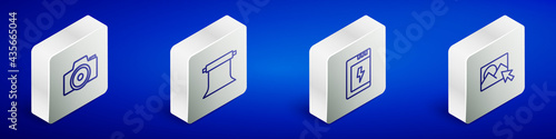 Set Isometric line Photo camera, Empty photo studio, Battery for and retouching icon. Vector