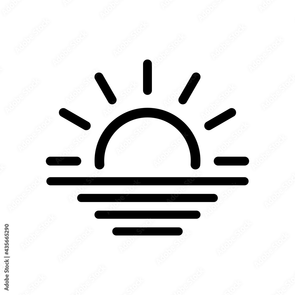 Sunrise line vector icon. Morning. Sunshine. Contour symbol with sun horizon and sea. Sunset icon isolated outline drawing Sunrise line vector icon. Morning. Sunshine. Contour symbol with sun horizon and sea. Sunset icon isolated outline drawing