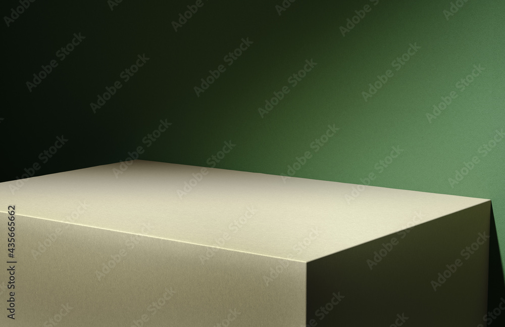 Fototapeta premium 3D illustration of wooden board corner at green wall lit by diagonal light stripe.