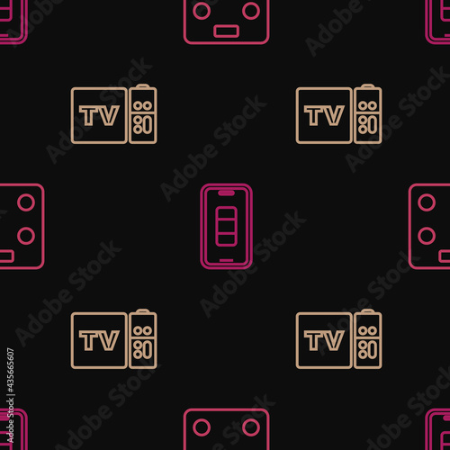 Set line Smart bathroom scales, Multimedia and TV box receiver and Smartphone battery charge on seamless pattern. Vector