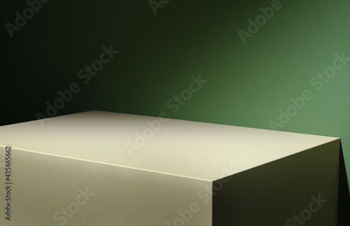 Photo 3D illustration of wooden board corner at green wall lit by diagonal light stripe